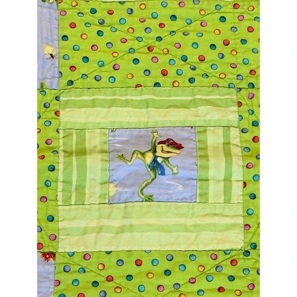 Handmade Quilted Baby Blanket Green  Frogs Polka Dot  34x25